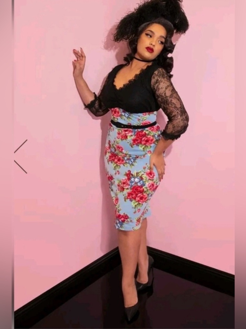 SOLD Vixen by Micheline Pitt Romantique Blue Floral Wiggle Dress with Pink Roses
